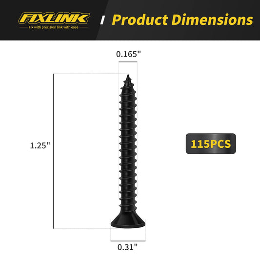Wood Screws 1-1/4 Inch, 115 PCS FIXLINK Premium Flat Head Phillips Black Wood Screws, Self Tapping Electrophoresis Used in Indoor Furniture, Woodworking (#8 x 1-1/4")