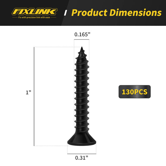 Wood Screws 1 Inch, 130 PCS FIXLINK Premium Flat Head Phillips Black Wood Screws, Self Tapping Electrophoresis Used in Indoor Furniture, Woodworking (#8 x 1)