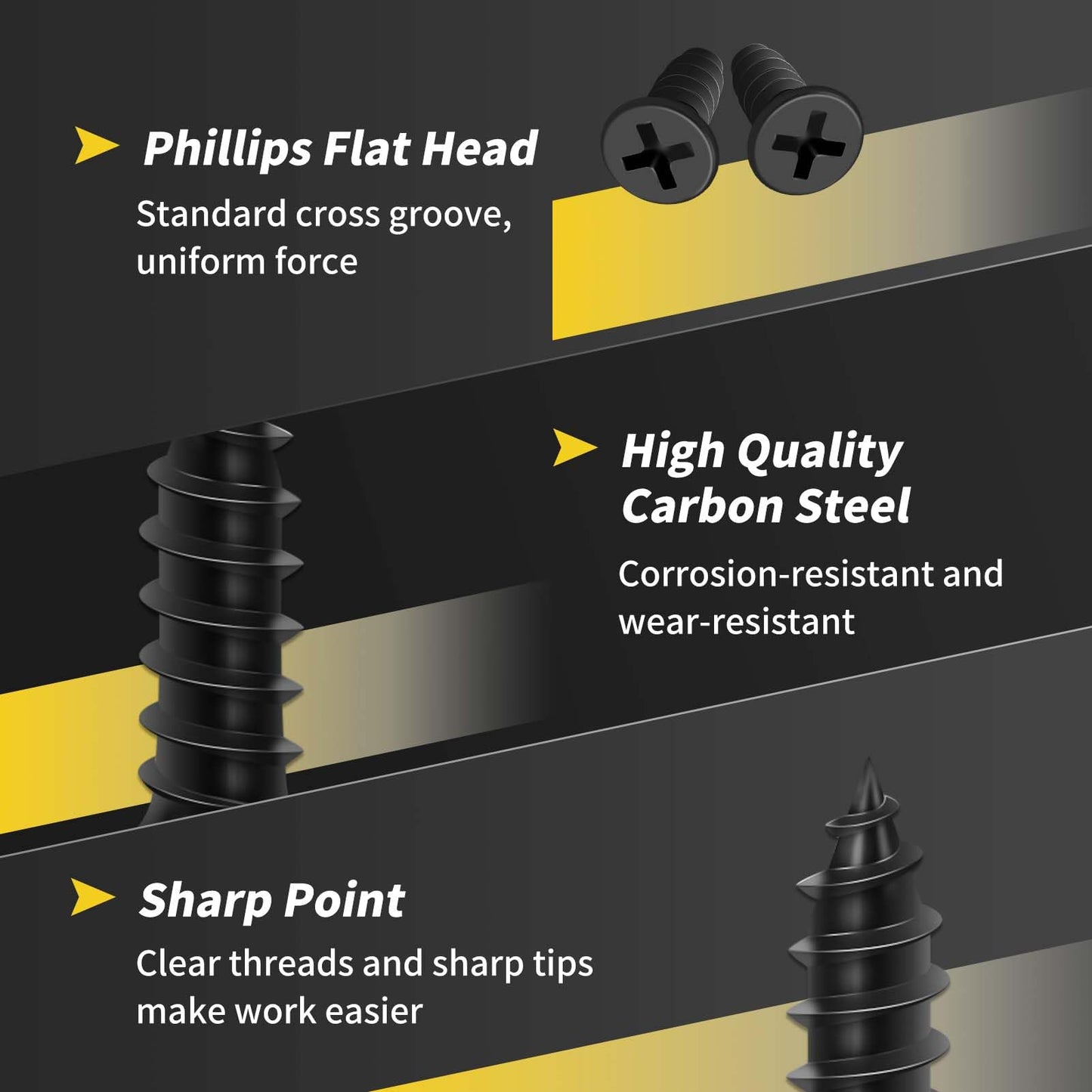 Wood Screws, FIXLINK Premium Flat Head Phillips Black Wood Screws Self Tapping Electrophoresis Used in Indoor Furniture, Woodworking