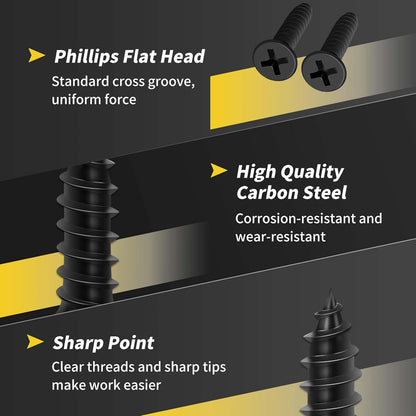 Wood Screws 3/4 Inch, FIXLINK Premium Flat Head Phillips Black Wood Screws 120 PCS, Self Tapping Electrophoresis Used in Indoor Furniture, Woodworking (#8 x 3/4")