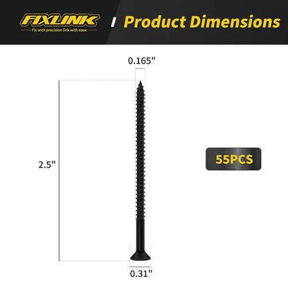 Wood Screws 2-1/2 Inch, 55 PCS FIXLINK Premium Flat Head Phillips Black Wood Screws, Self Tapping Electrophoresis Used in Indoor Furniture, Woodworking (#8 x 2-1/2")