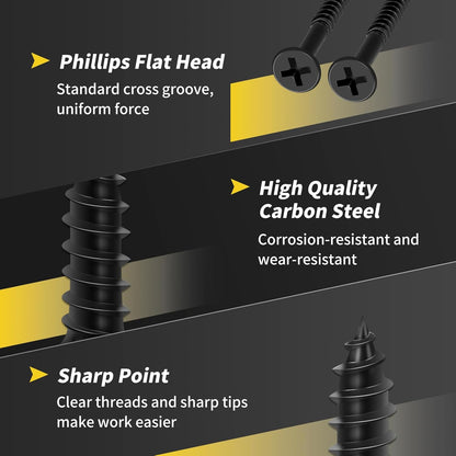 Wood Screws 2-1/2 Inch, 55 PCS FIXLINK Premium Flat Head Phillips Black Wood Screws, Self Tapping Electrophoresis Used in Indoor Furniture, Woodworking (#8 x 2-1/2")