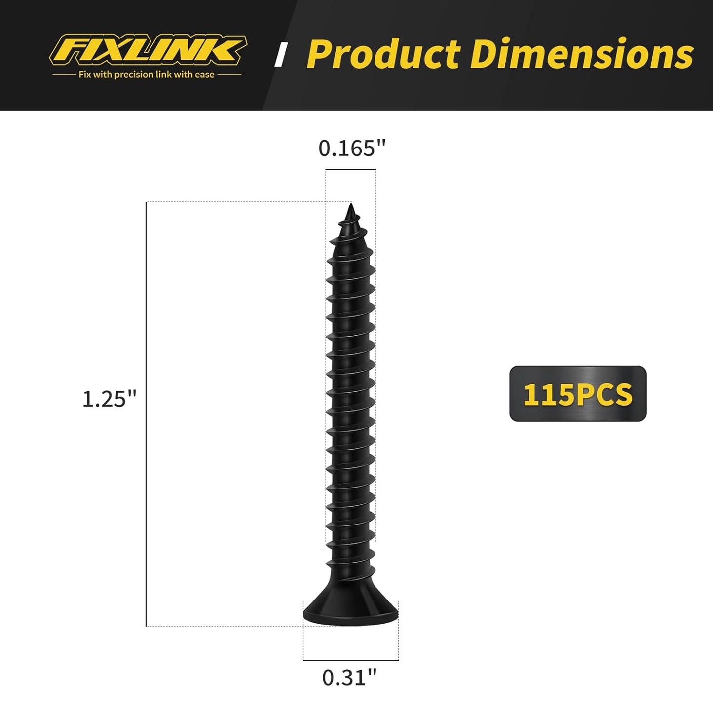 Wood Screws 1-1/4 Inch, 115 PCS FIXLINK Premium Flat Head Phillips Black Wood Screws, Self Tapping Electrophoresis Used in Indoor Furniture, Woodworking (#8 x 1-1/4")