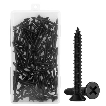 Wood Screws 1-1/4 Inch, 115 PCS FIXLINK Premium Flat Head Phillips Black Wood Screws, Self Tapping Electrophoresis Used in Indoor Furniture, Woodworking (#8 x 1-1/4")